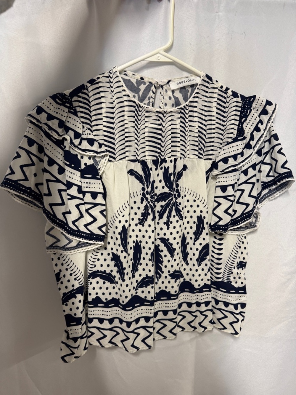 Rose & Olive Navy and White Patterned Ruffle Sleeve Blouse